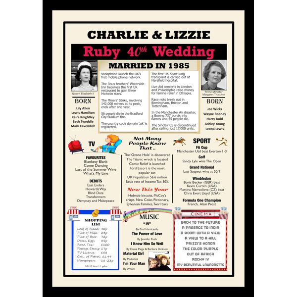 PERSONALISED: “RUBY 40th WEDDING” Anniversary, “Married in 1985” A4 FRAMED POSTER