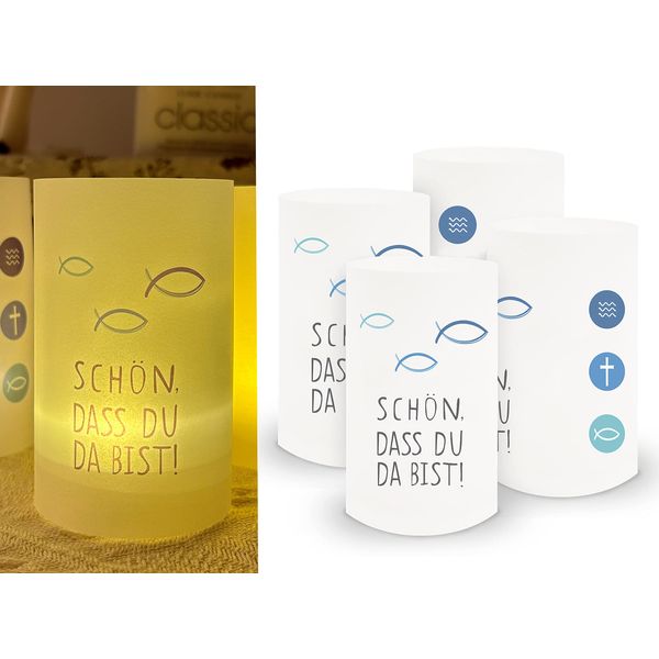 Sugeru 16 stück Lichthülle für Tischlicht & Teelicht Windlicht & LED-Kerzen,Kommunion deko | tischdeko | Fisch Eukalyptus I 10cm | Taufe deko | Schön DASS du da bist | konfirmation deko(Blau)