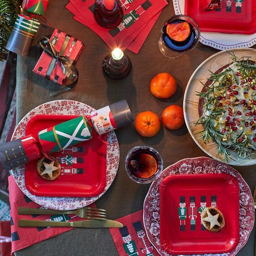Nutcracker Themed Christmas Red Square Paper Plates Strong Feel Disposable Xmas Serving Dishes Recyclable Tableware Decorations | 12-Pack | Size: 18cm