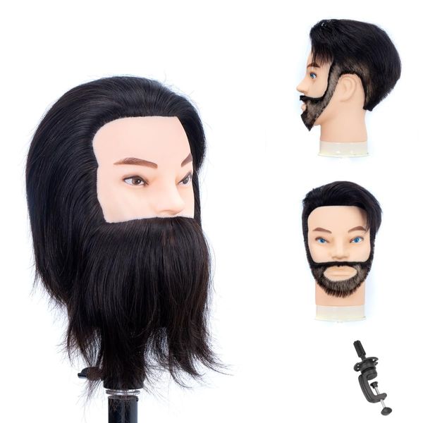 mannequin head human hair 100% man mannequin head doll head hair stylingHairdressing practice, cutting and dyeing hair hair mannequin head (Bearded black)