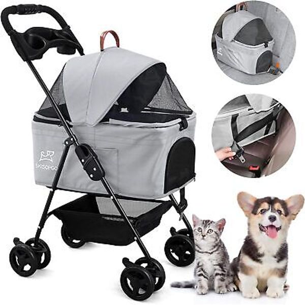 3-in-1 Foldable Pet Stroller Detachable Carrier Car Seat with Push Button Entry