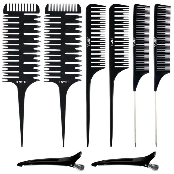 Highlight Combs, Set of 6, Dyeing Combs, Heat Resistant, Anti-Static, Comb, Hair Styling, Beauty Salon, Hair Color, Self Color, Salon Hair Care, Comb (6 Pieces), Hair Clips (2 Pieces), Black