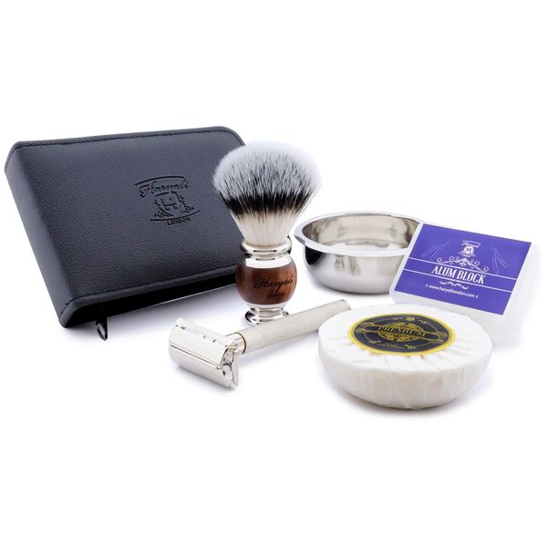 Haryali London Shaving Kit - 6pc Shaving Set - Synthetic Silver Tip Shaving Brush - Butterfly Safety Razor - Razor Cover - Shaving Soap - Shaving Bowl - Alum Block