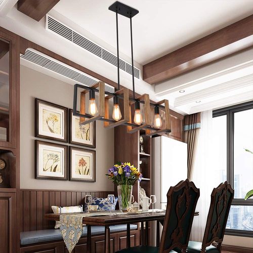 35.4" Kitchen Island Lighting,4 - Light Dining Room Farmhouse Chandelier,Black Modern Pendant Lighting,Pool Table Lights,Wood and Matte Black Metal Finish