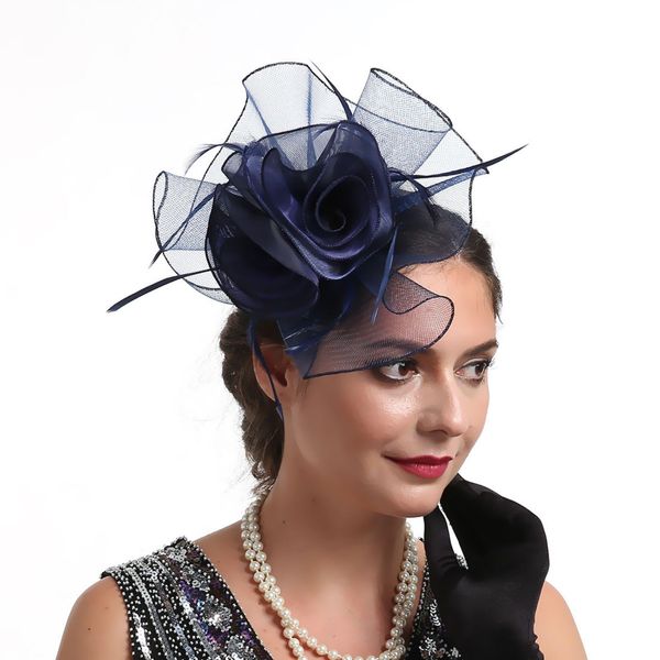 CCAIPU Flower Feather Fascinators Hat for Women, Elegant Flower Feathers Mesh Hats Ascot Hat Derby Hat Hair Accessories Wedding Hats (UK, Alpha, One Size, Dark Blue)