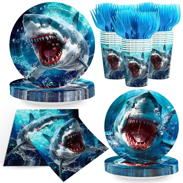 120pcs Shark Party Plates Napkins Shark Birthday Party Supplies Paper Cups Under the Sea Theme Dinner Tableware Paper Plates for Boys Kids Birthday Party Serve 24 Guests