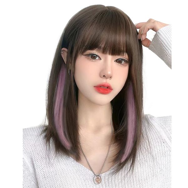 Wig, Medium Bob, Semi-Long, Straight, Full Wig, Women's, Wig, Natural, Black Brown, Hair, Long, Cosplay, Cross-Dressing, Wig, Small Face, Heat Resistant, Net, Gift Box Included (Light Brown & Inner Pink)