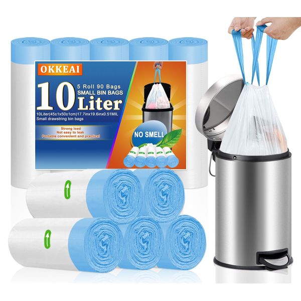 OKKEAI 10l Bin Liners Bathroom Bin Bags Small Pedal Waste Bags Toilet Rubbish Bags Handle Trash Bags with Tie Tap Drawstring,Suitable for Office,Toilet,Kitchen(White, 90 Bags),Fit 8L-15L Garbage Bin