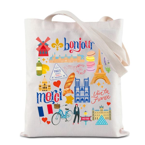 BAUNA Paris Tragetasche Frankreich Reise Geschenk Paris Sightseeing Souvenir Paris Sehenswürdigkeiten Tote Bag Paris Reise Handtasche Paris Urlaub Geschenk, Paris Tote, 32*37CM