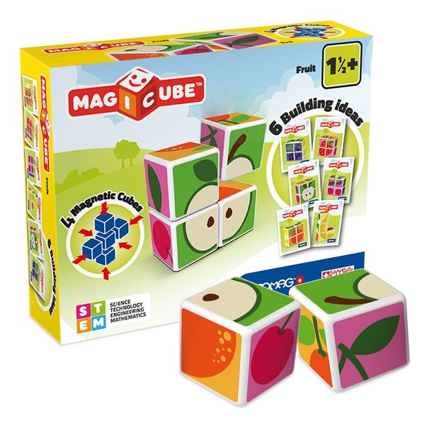 GEOMAG MagiCube Fruit 4-Piece Magnetic Cubes Building Set, Toddlers & Kids Ages 1.5+, STEM-Endorsed Educational Toy, Swiss-Made, Creativity & Early Learning Fun, 6 Adorable Building Ideas