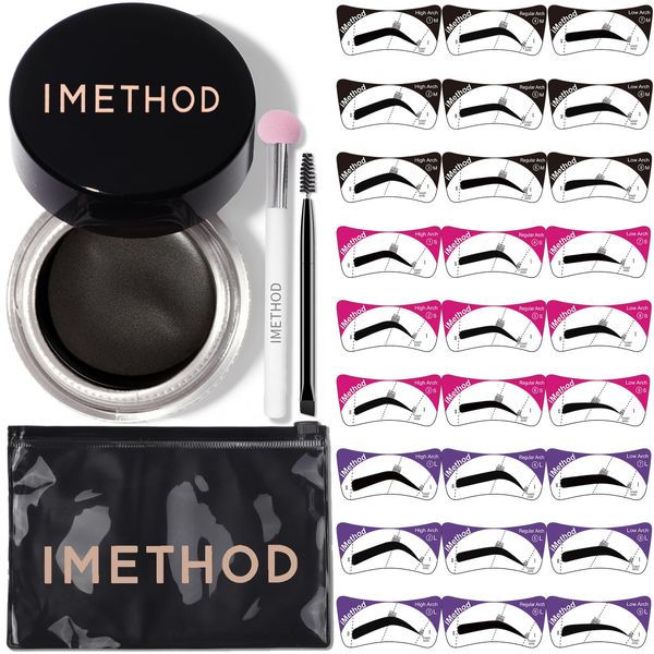 iMethod Eyebrow Stamp Stencil Kit - Brow Stamp and Stencil Kit with Brow pomade, 27 Reusable Stencils, Dual-ended Brush and Sponge Applicator, Brow Trio Eyebrow Kit, Easy to Use, Black