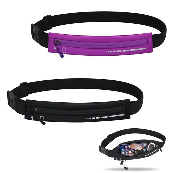 Eowppue 2 Pcs Fashion Running Belt Bags (Black, Purple) - Phone Holder for Running, Running Accessories, Money Belts for Travel Hidden Men & Women, Running Bag for Money, Key, Card, Earphone