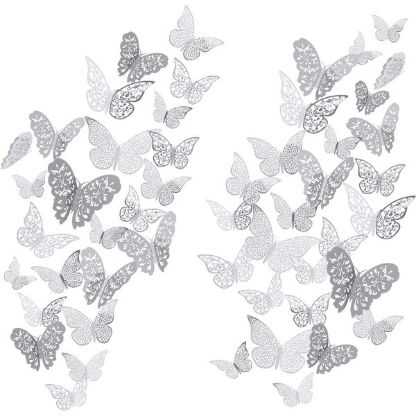 72 Pieces 3D Butterfly Wall Decals Sticker Wall Decal Decor Art Decorations Sticker Set 3 Sizes for Room Home Nursery Classroom Offices Kids Girl Boy Bedroom Bathroom Living Room Decor (Silver)