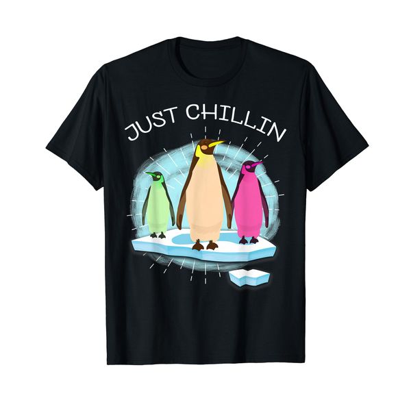 Just Chillin Pink Blue White Penguins On Ice Funnny T-Shirt