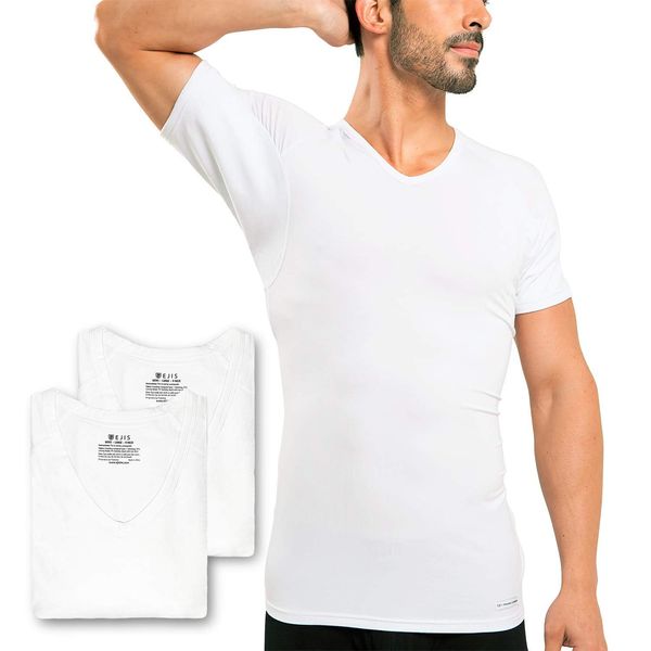 Ejis Sweat Defense Undershirt | V Neck (3-Pack) | Underarm Sweat Proof Micro Modal (Small, White)