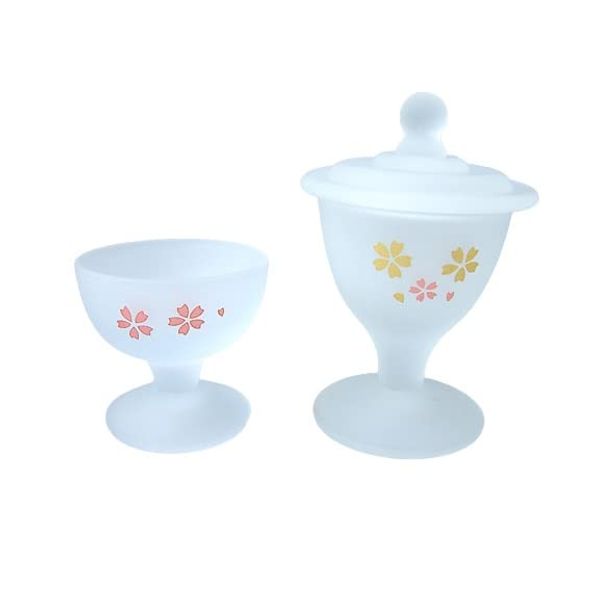 Glass Buddha Tea Set (rice and water container), cherry blossom pattern (cloudy white)