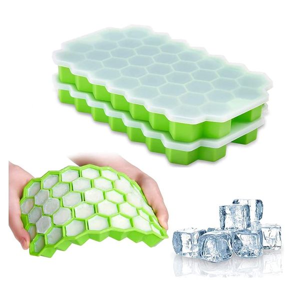 TIJAR® Ice Cube Tray with Lids, Soft Silicone Ice Moulds, Diamond Shape Ice Cube for Drinks and Desserts, Easy Removal (Green, 2 Packs)