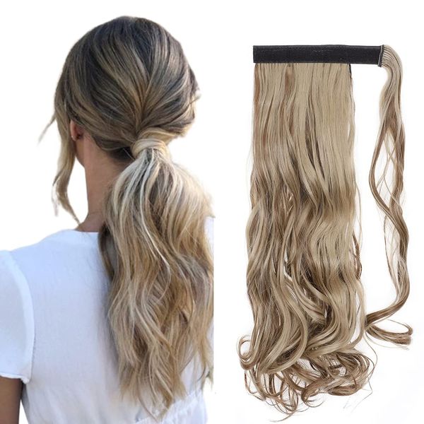 17" Long Curly Wavy Wrap Around Ponytail Clip in Hair Extensions One Piece Hairpiece Magic Tape in Pony Tail Extension for Women Light Brown & Ash Blonde