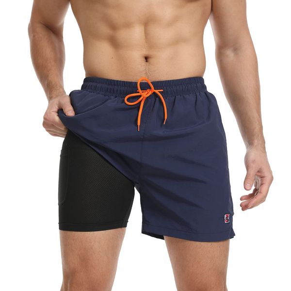 JustSun Badehose Herren Badeshorts Herren Kurz mit Kompression 2 in 1 Schnelltrocknend Männer Schwimmhose Boardshorts Strandshorts Herren Swim Shorts Dunkelblau L