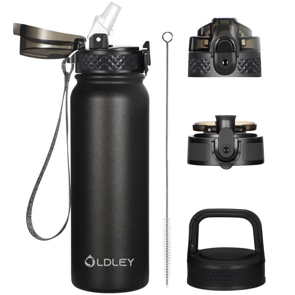 Oldley Insulated Water Bottle 20oz Water Bottles with Straw, Stainless Steel Water Bottle with 3 Lids, Double Wall Vacuum Bottles for Adult Kids, Sports Bottles for School Travel, Black