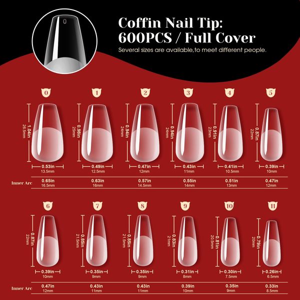 ROSALIND Nail Tips Kit, Half Matte Medium Coffin Fake Nail Tips with Nail Glue Gel Top Coat LED Nail Lamp Nail Buffer File Nail Clipper, 600PCS Full Cover False Nail Tips12 Sizes Nail Extension Kit