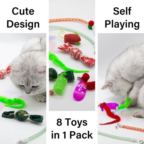 Mooipur Cat Toy Box for Cats, Including 2 Cat Wand Refills, 2 Catnip Kicker Toys Red/Green, 1 Catnip Mouse, 1 Spring Toy, 2 Worm Teaser Toys for Indoor Cats