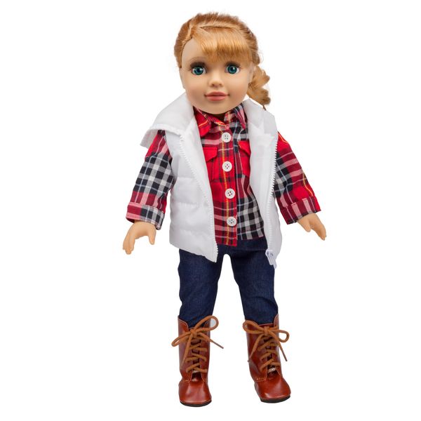 Outdoor Mountain Hiking Doll Clothes Outfit (4 Pc Set)- Includes Flannel Shirt, White Vest, Skinny Jeans w Belt, & Boots- Handmade, Premium Outfit & Accessories- Compatible with 18" American Girl Doll