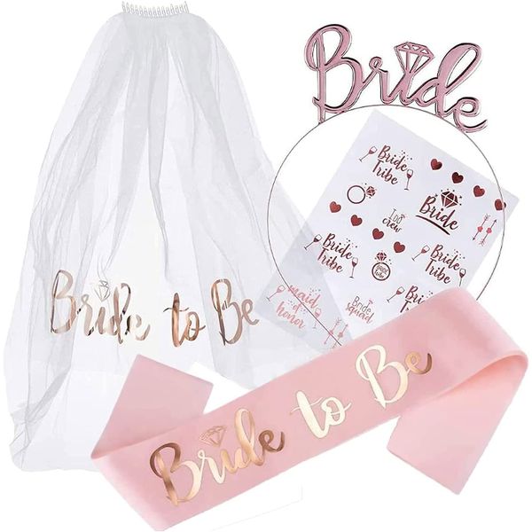 AIBAOBAO Bride to Be Sash, Hen Party Accessories Include Bride Headband Tiara, Veil with Comb, Sash, Tattoos, Bride to Be Gifts Decorations for Wedding, Bridal Shower, Bachelorette Party