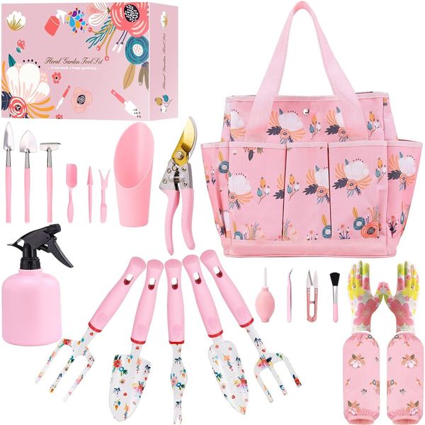 Floral Garden Tools Set,Heavy Duty Gardening for Pink