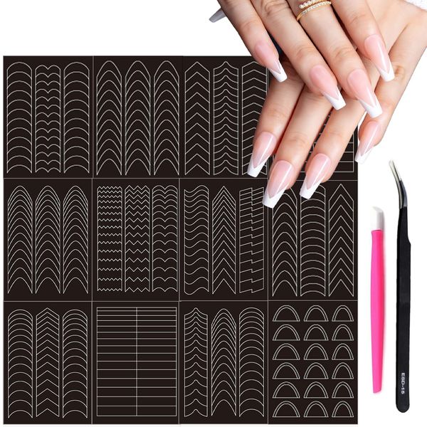 870Pcs French Tip Nail Stickers French Manicure Nail Art Stickers French Nail Tips Tool Self-Adhesive French Strips Guides with 1Pcs Tweezers And 1Pcs Nail Cuticle Pusher Rubber（24 Sheets）