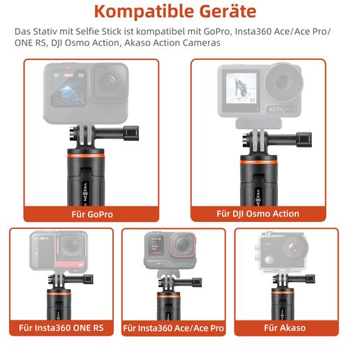 Mini Tripod Mount for GoPro, 51 cm Extendable Selfie Stick for GoPro Hero 13/12/11/10/9/Max, DJI Osmo Action 5 Pro/4, Insta360 Ace Pro, AKASO EK7000 and Other Action Cameras