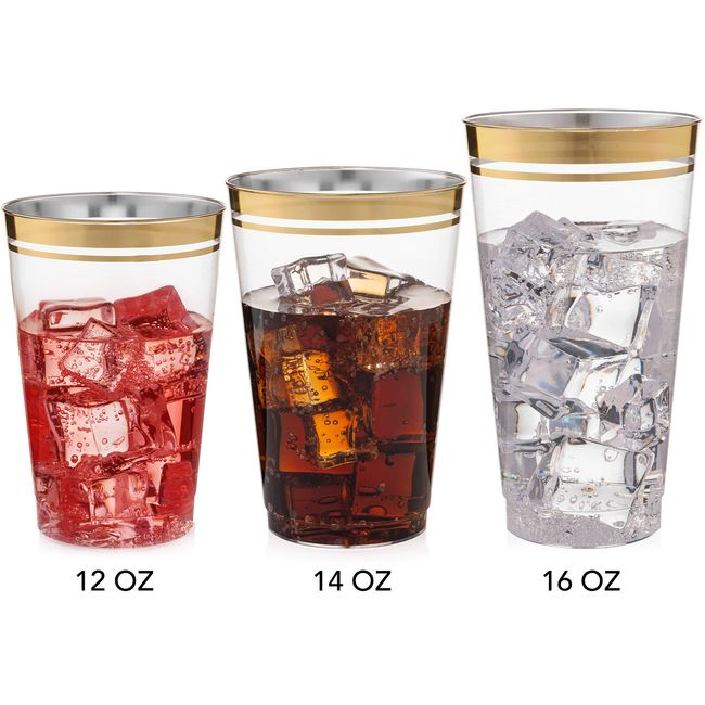 Exquisite Gold Heavy Duty Disposable Plastic Cups, Bulk Party Pack, 12 oz -  100 Count