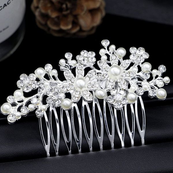 E EMZHOLE Hair Side Comb Wedding Dress Accessories Silver Plated Alloy Combed Headdress Crystals Pearl Hair Combs Clip for Bridal Bridesmaid Flower Girl (Silver)