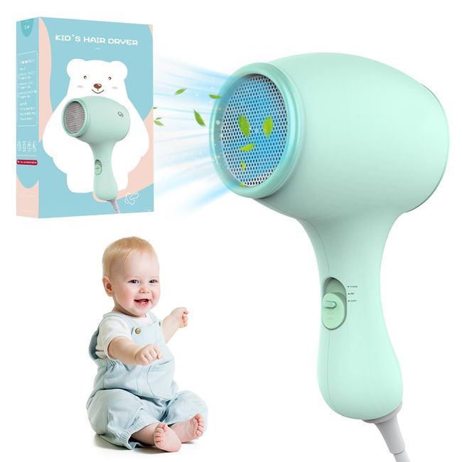 FGJCJ Kinderfön, 550W Miniföhn für Junge, Kinder Föhn mit 3 Temperatur, Süß Mini Haartrockner, Reiseföhn für Kinder, Leicht und Lange Haltbar, Geräuscharm,Soft Touch-Gehäuse(Grün)