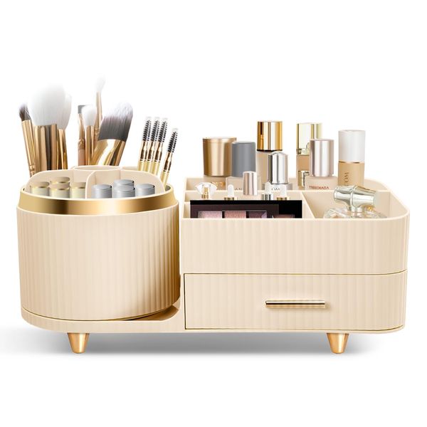 Cinnani Organizador de Cosméticos de Maquillaje, Almacenamiento de Cosméticos Multifuncional Giratorio de 360°,Organizador de Belleza para Tocador,Baño y Dormitorio,Con cajón multifuncional (Beige)