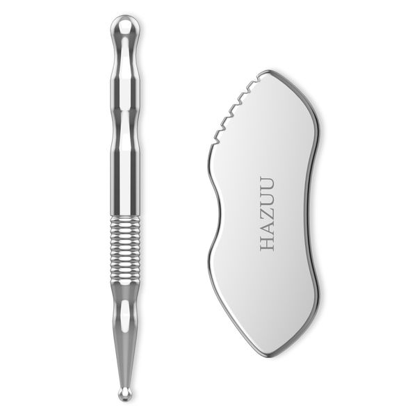 HAZUU Stainless Steel Gua Sha Tool & Acupuncture Pen - Deep Tissue Massage & Pain Relief Therapy with Trigger Point Massage - Full Body Self Massage Acupressure (JGS-3)