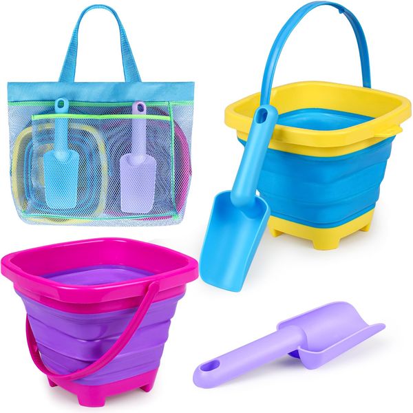 TSDATOWR Collapsible Beach Buckets for Kids, Foldable Sand Buckets and Shovels with Mesh Beach Bag, Silicone Beach Sand Pails for Beach Travel, Beach Toys Sand Toys for Kids & Toddlers (2 Buckets)