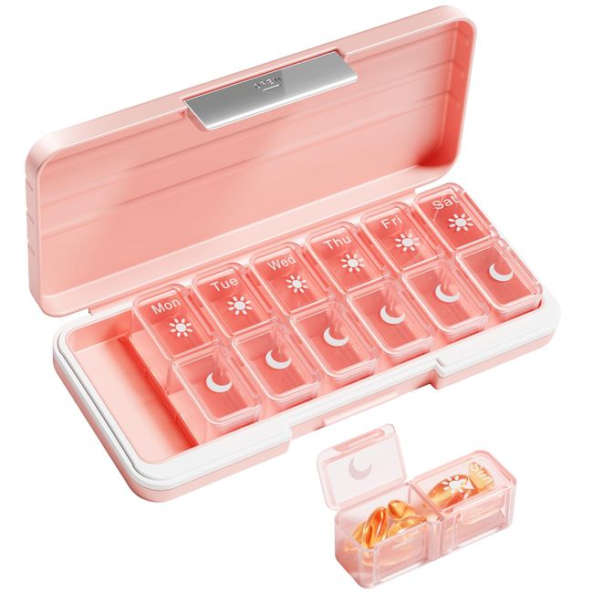 Betife Weekly Pill Organizer 2 Times a Day,7 Day Travel Pill Box,AM/PM pill case for Vitamins, Medication, Supplements and Fish Oils (Pink)