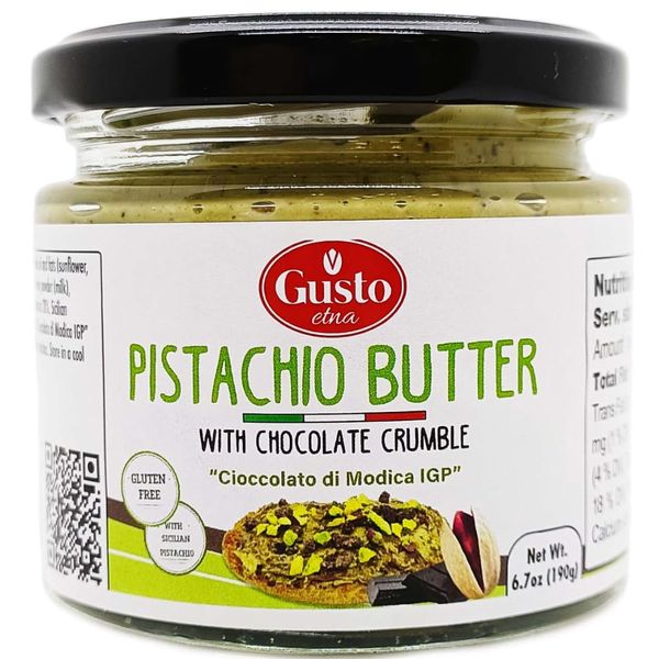 Pistachio Butter with Chocolate Chips, 6.7 oz (190g), Sweet Pistachio & Chocolate Crumbles Cream Spread, Pistachio Paste, Product of Italy, Non GMO, by Gusto ETNA