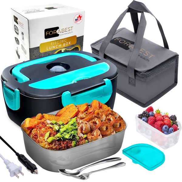 FORABEST Electric Lunch Box for Adults, Fast 80W Heated Lunch Box for Adult 12/24/110/220V Portable Food Warmer Lunch Box for Car,Truck,Office 1.5L Durable Leakproof Loncheras Para Hombres De Trabajo