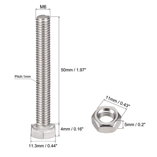 sourcing map M6 x 50mm Hex Head Screws Bolts, Nuts, Flat & Lock Washers Kits, 304 Stainless Steel Fully Thread Hexagon Bolts 6 Sets