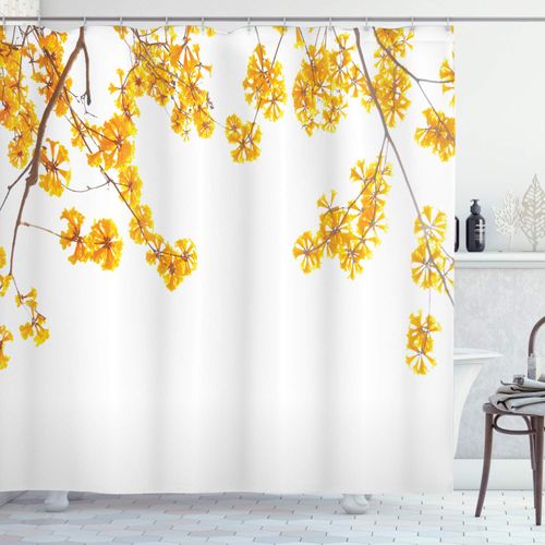 Ambesonne Yellow Shower Curtain, Flower Tree Branches Bloom Blossoming in Spring Garden Sun Rays Nature Theme Home, Cloth Fabric Bathroom Decor Set with Hooks, 69" W x 70" L, Yellow Brown