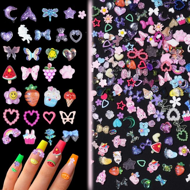 100Pcs Cute 3D Nail Charms Acrylic Animal Fruit Ice Cream Sweet Cute Nail Art Charms Mixed Color Flower Heart Bow Butterfly Nail Charms for Manicure DIY Craft Jewelry Accessories