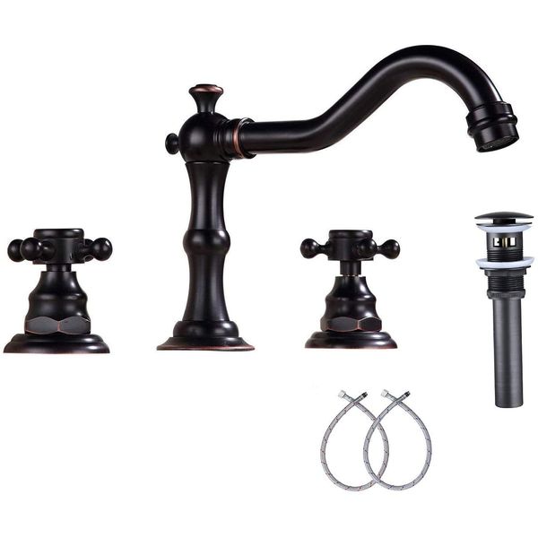 GGStudy Two Handles Three Holes Faucet 8-16 inch Widespread Bathroom Sink Faucet Oil Rubbed Bronze Basin Tap Mixer Supply Hose Included Matching Metal Pop Up Drain