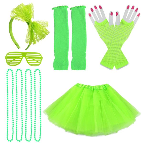 jiebor 80s Costume Accessories for Girls Kids Tutu Skirt Leg Warmers Fishnet Gloves Shutter Glass Necklace Headband Halloween