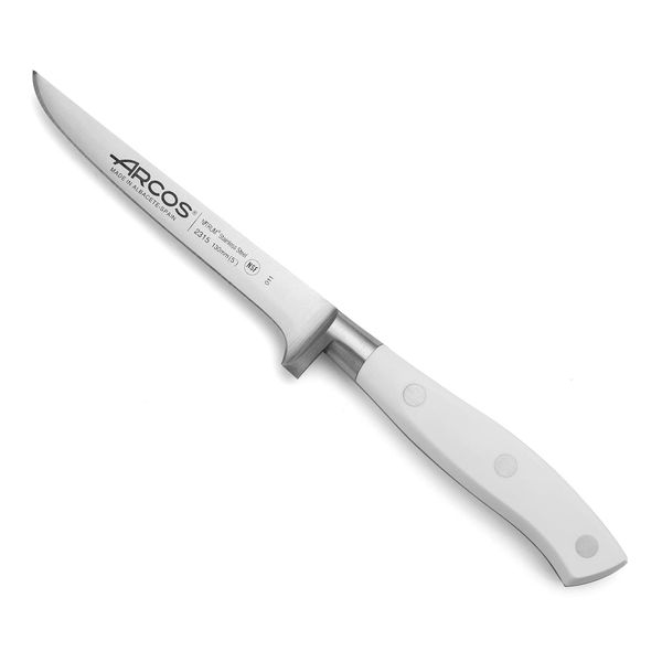 Arcos Boning Knife 5 Inch Nitrum Stainless Steel and 130 mm blade. Professional Butcher Knife to Slice Bones from Meat. Ergonomic Polypropylene Handle. Series Riviera Blanc. Color White