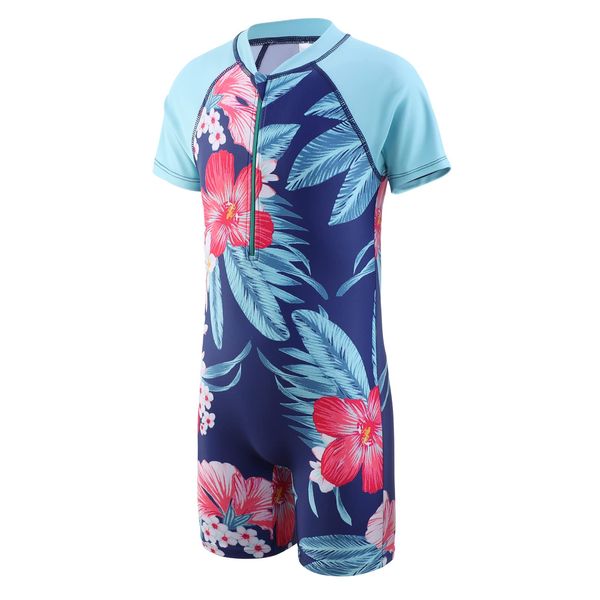 Swimming Costume Girls One Piece Bathing Suit Kids Short Sleeve Swimsuit Girls Swimming Suit Age 9-10 Years