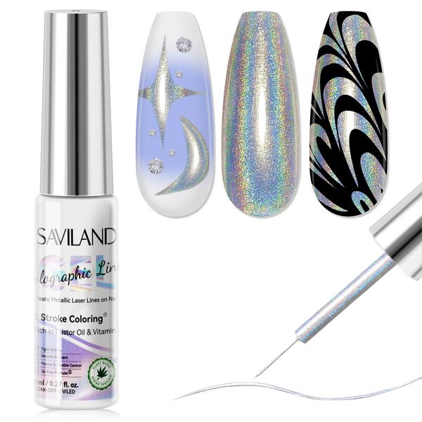 SAVILAND Holographic Metallic Gel Nail Polish Liner: 1 Stroke 8 ml Color Gel Liner Nail Art VE Castor Oil Holo Rainbow Glitter Gel Polish Mirror Chrome Effect Soak Off Gel Liner French Manicure Gift