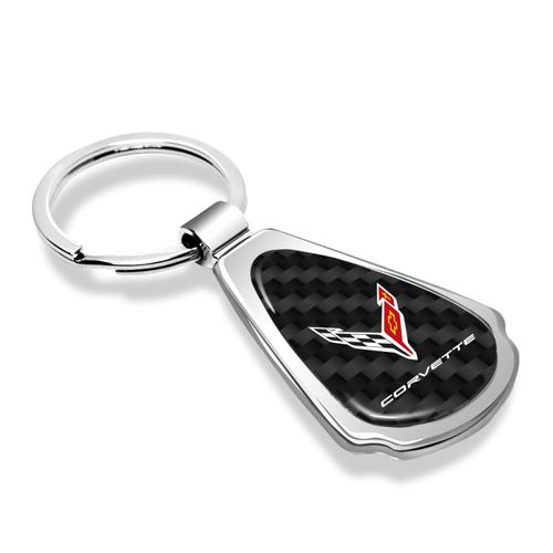 iPick Image for Chevrolet Corvette C8 Real Black Carbon Fiber Chrome Metal Teardrop Key Chain