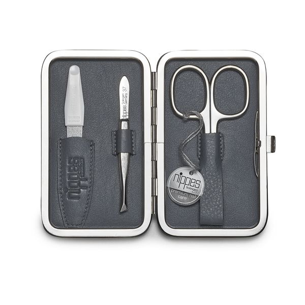 nippes Solingen Manicure Set Diamond 3-Piece Lamb Nappa Case with Frame and Leather Lining Inside, Nail Set Made in Germany, Nail Care Set with Nail Scissors, Tweezers and Nail File, Nickel-Plated